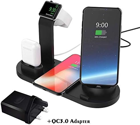 FDGAO (QC3.0 Adapter Included) Wireless Charger Station 4 in 1 Charging Dock for Apple Watch Series 5/4/3/2 and Airpods 1/2/Pro Wireless Charging for iPhone 11/11 Pro/XR/Xs/8, Samsung Galaxy and more