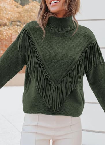 PRETTYGARDEN WOMENS 2024 FALL TURTLENECK SWEATER TOPS LONG SLEEVE FRINGE CHUNKY KNIT PULLOVER SHIRTS (ARMY GREEN,LARGE)