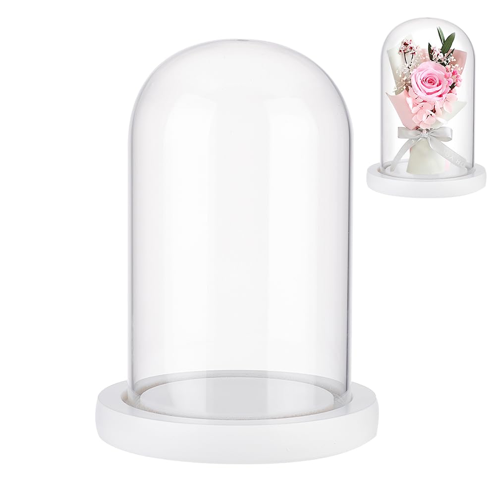 NBEADS Eternal Flower Glass Display Dome Cloche, Glass Display with White Wood Pedestal Bell Jar Cloche for Valentine's Day Mother's Day Flower Decorations Crafts, 11.3x16.3cm