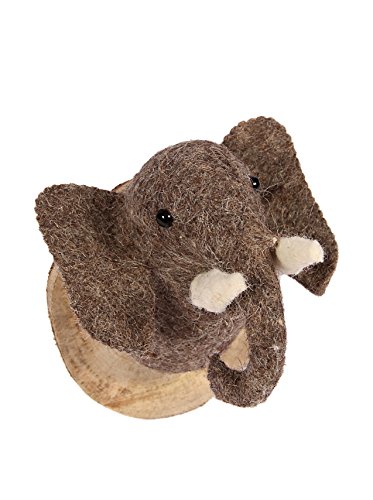 Karma Living Stuffed Animal Felted Wool Elephant Head Mount Trophy Wall Art Wood Plaque - Handmade