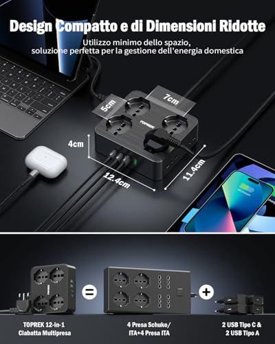 TOPREK Electrical Power Strip with 8 Universal Sockets ITA 10/16A and Schuko, 2 Metres Electrical Extension Cable and 2 USB C (20W PD3.0 Quick Charge) and 2 USB A with Switch, 16A Elbow Plug 90°, 4000W