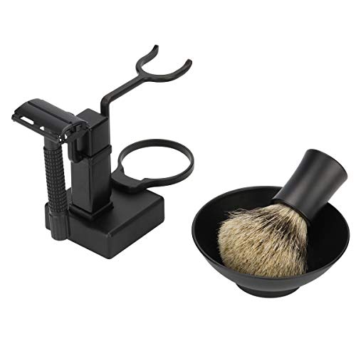 7 Piece Matte Black Shaving & Grooming Sets - Shaving Stand,Butterfly Open Razor,Shaving Brush,Shaving Bowls,Shaving Soap,Unbreakable Mirror and 10 Replacement Blades,Comes with Gift Box - Thumbnail 2