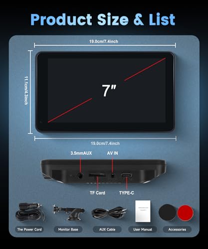 Wireless Carplay Screen Portable Car Stereo Android Auto Screen, Rimoody 7 Inch Touch Screen Portable Car play Bluetooth FM Transmitter Mirror Link Voice control AUX Cable