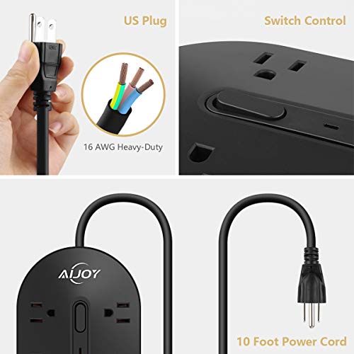 AiJoy Surge Protector Power Strip 10FT Extension Cord 10 Outlet 3 USB Fast Charging Ports 0utlet Strip 3000W