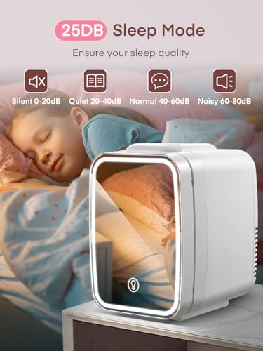 FOHERE Mini Fridge for Bedrooms, 5L/6 Can Portable Skincare Fridge with Dimmable LED Light Mirror, Cooler & Warmer for Food, Drinks and Cosmetic, Small Refrigerator for Home Office
