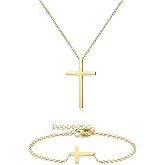 WLL Cross Necklace Bracelet Jewelry Set for Women Gold-Tone Cross Pendant Stainless Steel Necklace Silver Adjustable Chain Faith Cross Bracelet Religious Gift