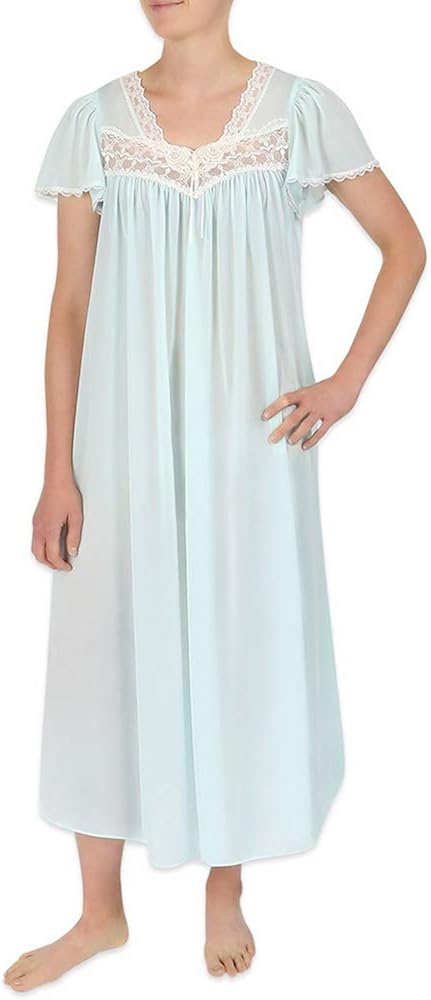 Miss Elaine Silk Essence Nightgown - Long Silky & Sheer Tricot Gown with Flutter Sleeves at  Women’s Clothing store