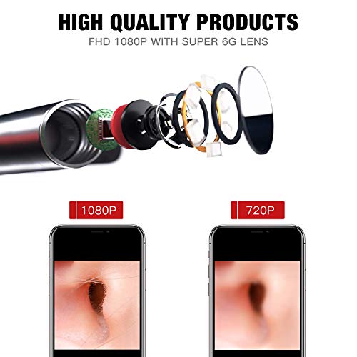 Ear Endoscope, 1080P Wireless Ear Wax Removal, Super Light Lens Earwax Cleaning Tool with 6 LED Lights, WiFi Ear Otoscope Camera with 3-Axis Gyroscope, Compatible with Smartphone & Tablet (Black red)