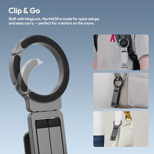 ULANZI Magnetic Phone Tripod for iPhone, MA38 Portable Phone Holder Mini Tripod for Magsafe with Double-Sided Strong Magnetic 1/4'' Arri Locating Hole Foldable Hook for iPhone 16 15 14 13 12, Black