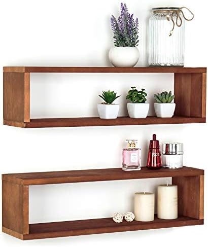 Amazon Com Mygift Rustic Brown Wood Finish Wood Wall Mounted 24 Inch Floating Shelf Rectangular Display Shadow Boxes Set Of 2 Home Kitchen