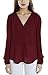Womens V Neck Long Sleeve Ruffled Shoulder Solid Chiffon Blouse (Small, Wine Red)