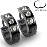 SER-0017 Pair of 316L Stainless Steel Black Hinged Hoop Earring with 3 Clear CZs; Comes With Free Gift Box