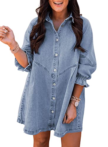 Sidefeel Womens Smocked 3 4 Sleeve Button Down Denim Jeans Dresses