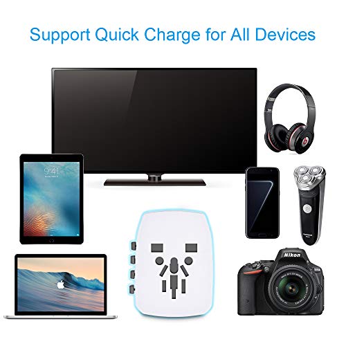 Travel Adapter, 2000W International Power Adapter, All in One Universal Power Adapter with 4 Quick Charge USB 3.0 Ports, for UK, EU, AU, US, Over 150 Countries (White)