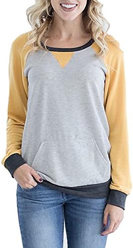 CadeVic Womens Casual Round Neck Long Sleeve Color Block With Pockets Sweatshirt T Shirt Tops, Grey/Yellow, S