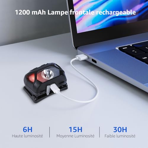 Lepro Rechargeable Headlamp, D5000 Super Bright LED Head Torch, 2000LUX Powerful LED Head Torch with Red Indicator, 6 Lighting Modes 30H Autonomy for Running, Emergency, Cycling