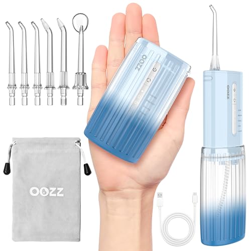 OOZZ Pocket Flosser, Portable Travel Water Flosser, 150 ml Tank & USB-Rechargeable Design, Cordless Oral Irrigator for Teeth with 5 Pressure Modes, 6 Replaceable Tips, OZ-7212