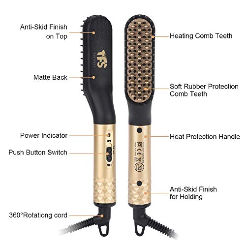 TFS Heated Beard Straightener Comb for Men - 2 In 1 Beard & Hair Straightening Brush with Ceramic Teeth, Portable Electric Hot Comb Iron Mustache Brush Styler Tools for Home Travel
