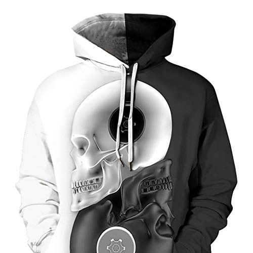 Jessie storee Helloween Hooded Sweatshirt Black and White Skull Print Pullover Hoodie Women Men Couples Unisex Horror Sweatshirts Clothing Large Size Sweater Loose Baseball Uniform Tide,Black,L