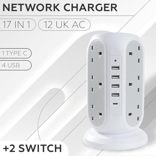 AMROAH 4000W 2m Cord Extension Tower Strip 12 Outlets 4 USB A 1 Type C 2 Switch, Surge Protector Multi Extension Tower Lead Multiplug Socket, Extension Cord with Multiple Plug for Home Office (White)