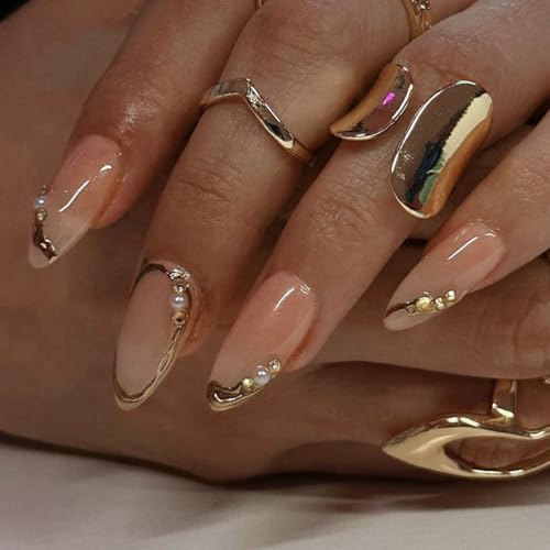 Press on Nails Almond Fake Nails French Tip False Nails with Gold Line Design Glue on Nails Press ons Medium Acrylic Nails Glossy Full Cover Stick on Nails for Women Manicure 24Pcs