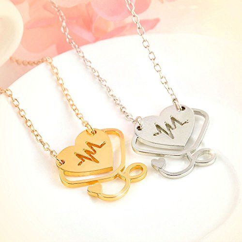 ERAWAN Medical Hollow Heart Stethoscope Cardiogram Doctor Nurse Pendant Chain Necklace EW sakcharn (Silver)