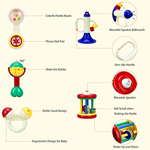 10pcs Baby Rattles Teether, Infants Teething Toys, Ball Shaker, Grab, Spin, Musical Sounds Play Set for 1, 2, 3, 4, 5, 6, 7, 8, 9, 11, 12, 18 Month Year Olds Newborn, Boy, Girl, Kids - Thumbnail 4