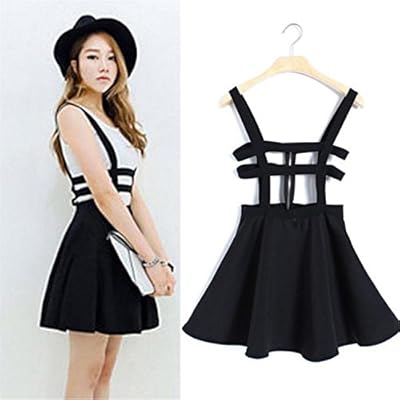 Pretty Back Women A-Line Skirt Overall Pleated Suspender Skirt Braces Hollow Out Bandage Mini Skater Skirt
