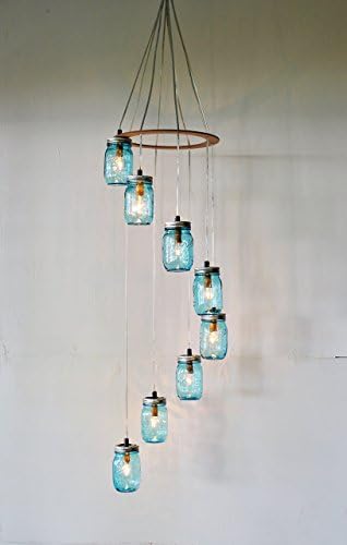 Large Spiral Mason Jar Chandelier With 8 Blue Jars