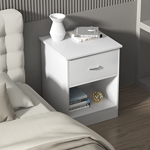 Bunovasty Wooden Bedside Table with 1 Sliding Drawer, End Table with Open Frame, Bedroom Sofa Side Table, white15 D X 16.5\