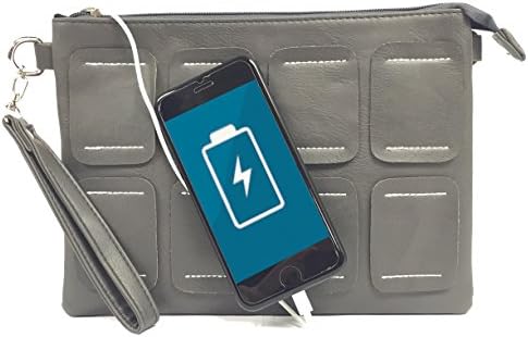 Womens Lightweight Charging Clutch bag/Wristlet; compatible with all Phones - 2,600 mAh Battery will Recharge your phone up to 4x before needing to be recaharged - Gray Squares