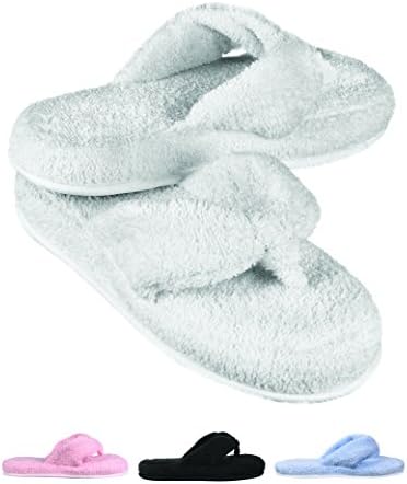 EuropeanSoftest Women's Cozy Memory Foam Soft Premium 100% Terry Cotton Cloth SPA Thong Flip Flops House Indoor Slippers