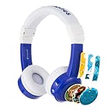 ONANOFF BuddyPhones Inflight, Volume-Limiting Kids Headphones, 3 Volume Settings of 75, 85 and 94 dB, Includes Travel Mode, Perfect for Airplanes, Trains and Cars, Built-in Audio Sharing Cable, Blue