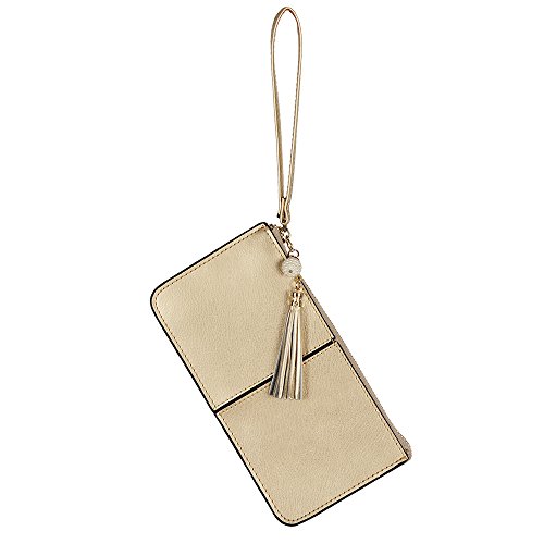 Lovena Soft Leather Wristlet Smartphone Zipper Wallet Tassel Wristlet with Credit Card Holder/Cash pocket/Wrist Strap-Fit iPhone X/iPhone 8/7Plus Samsung Note 8/5- Light Gold - Thumbnail 7