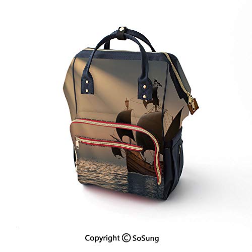 Pirate Diaper Backpack Large,Ship with Black Flags Floating on Ocean in Rays of Sun Caravel Watercraft Nautical Decorative Nappy Bags Multi-Functional,16.5x10.6x6.7inch,Multicolor