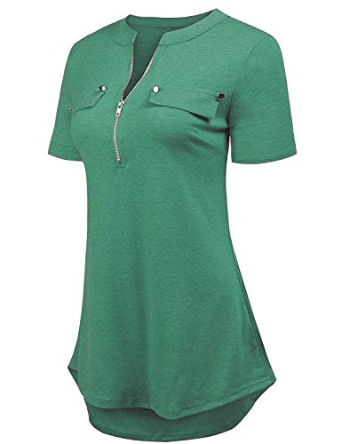 LuckyMore Women's Work Causal Office Wear Short Sleeve Pleats Tunic Tops Shirts Plus Size Teal Green