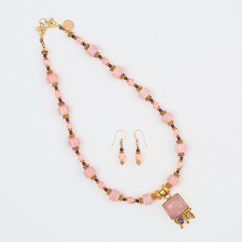 Royal Rose Necklace and Earring set: Morganite and Rose Quartz with Amethyst and Citrine set in 18k over sterling silver Vermeil. One of a Kind, handmade in USA