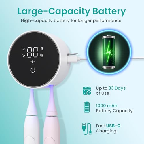 LifeBasis UV Toothbrush Steriliser with 60 °C Drying, Electric Toothbrush Holder with UV Disinfection, LED Display, Drill-Free Wall Mounting, Up to 33 Days Battery Life for Family & Travel