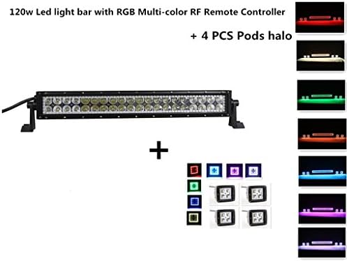 NKlighting Pack 4 Led working light pods RGB halo + 120w Straight led light bar 22Inch with Multicolor RGB halo ring car driving offroad 4x4 SUV working lamp+ Swicth wireharness
