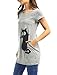 Allegra K Women's Round Neck Short Sleeve Cat Prints Loose Tunic Top L Grey