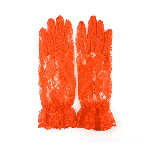 Fancy Floral Sheer Lace Tea Party Vintage Style Ruffle Wrist Dressy Gloves Orange - Thumbnail 3