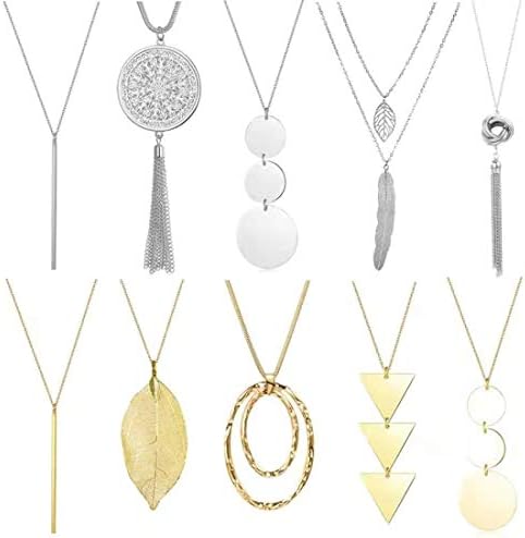 CARSHIER 10PCS Long Pendant Necklaces Set for Women Girls Bar Circle Leaf Y Tassel Arrow Bohemian Long Statement Necklaces Pack
