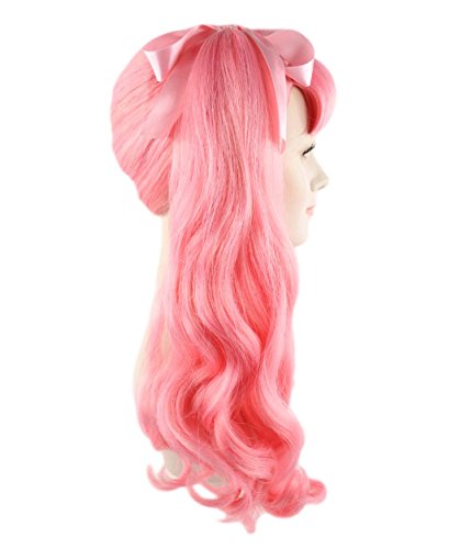 Two Tone Long Curly Ponytail Wigs with Bangs Ribbon Bows for Cosplay Halloween Party Pink and Black - Image 4