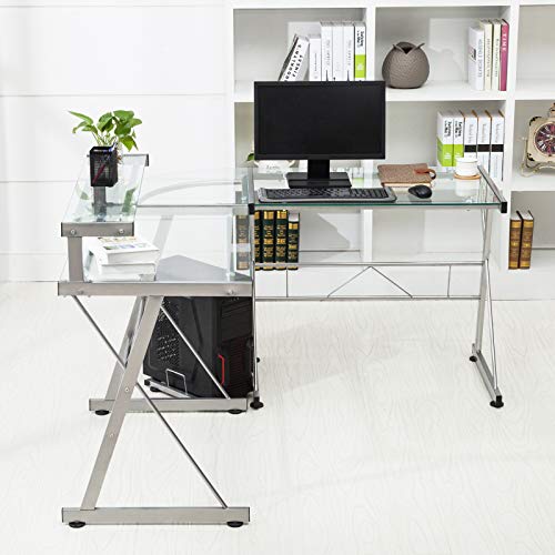 Mecor L-Shaped Corner Computer Desk with Shelf & Stand, Glass Laptop PC/Computer Table Workstation Home Office Furniture, Glass & Metal, Clear