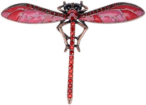Bronze Tone Red Rhinestones Dragonfly Insect Wings Brooch Pin