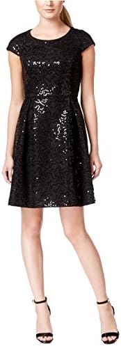 Calvi Calvin Klein Sequin Cap-Sleeve Fit-and-Flare Dress (14, Black)