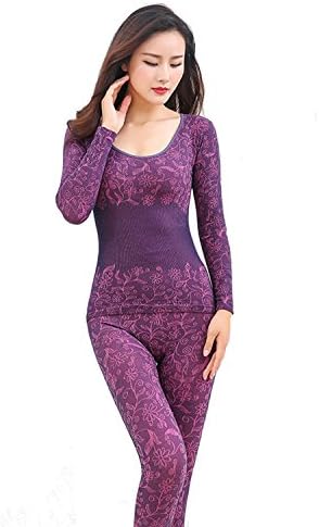 comfortablee Women's Thermal underwear suit Slim stretch threaded cuff Top &amp; Bottom Fleece Lined Deep Purple