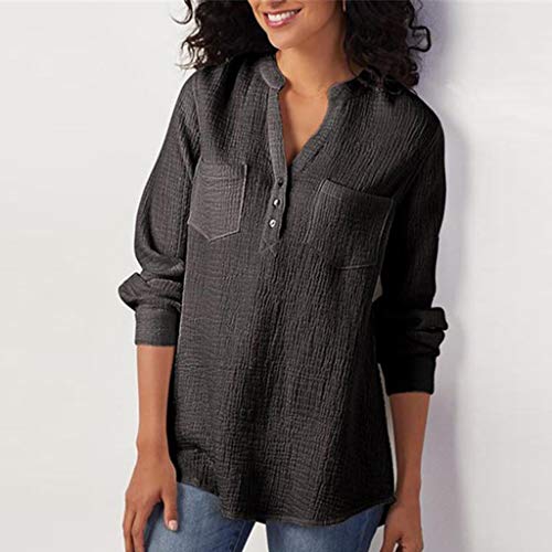 Womens Casual Tops Plus Size Button Up Plain V Neck Shirts Long Sleeve Blouse Loose Work Top with Pockets Black