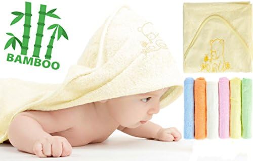 Bamboo Baby Hooded Towel (Yellow) and 6 Washcloths Set | Hypoallergenic, Absorbent, Soft, Sized for Infant &amp; Toddler | Premium Bath Towels for Babies Sensitive Skin, Baby Shower Gift | NaturCute