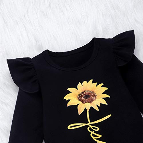 Little Story 0M-24M Children's Solid Color Long-Sleeved Cartoon Sunflower Print Hakama + Bow Trousers Set Infant Baby Kids Black